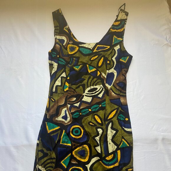 Vtg Rayon Sun Tank Bodycon Tiki Psychedelic Wild Retro Print Dress Size 5/6 - Picture 1 of 5